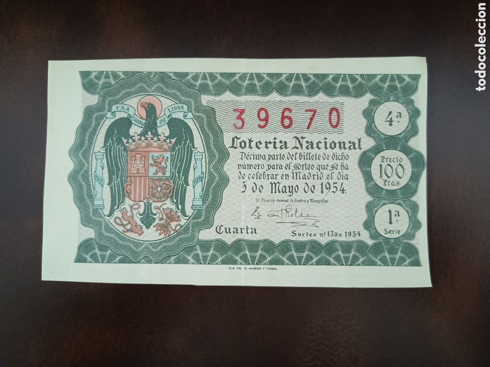 National Spanish Lottery: LOTER&Iacute;A NACIONAL N&ordm; 39670 - 5 DE MAYO DE 1954 - SORTEO N&ordm; 13