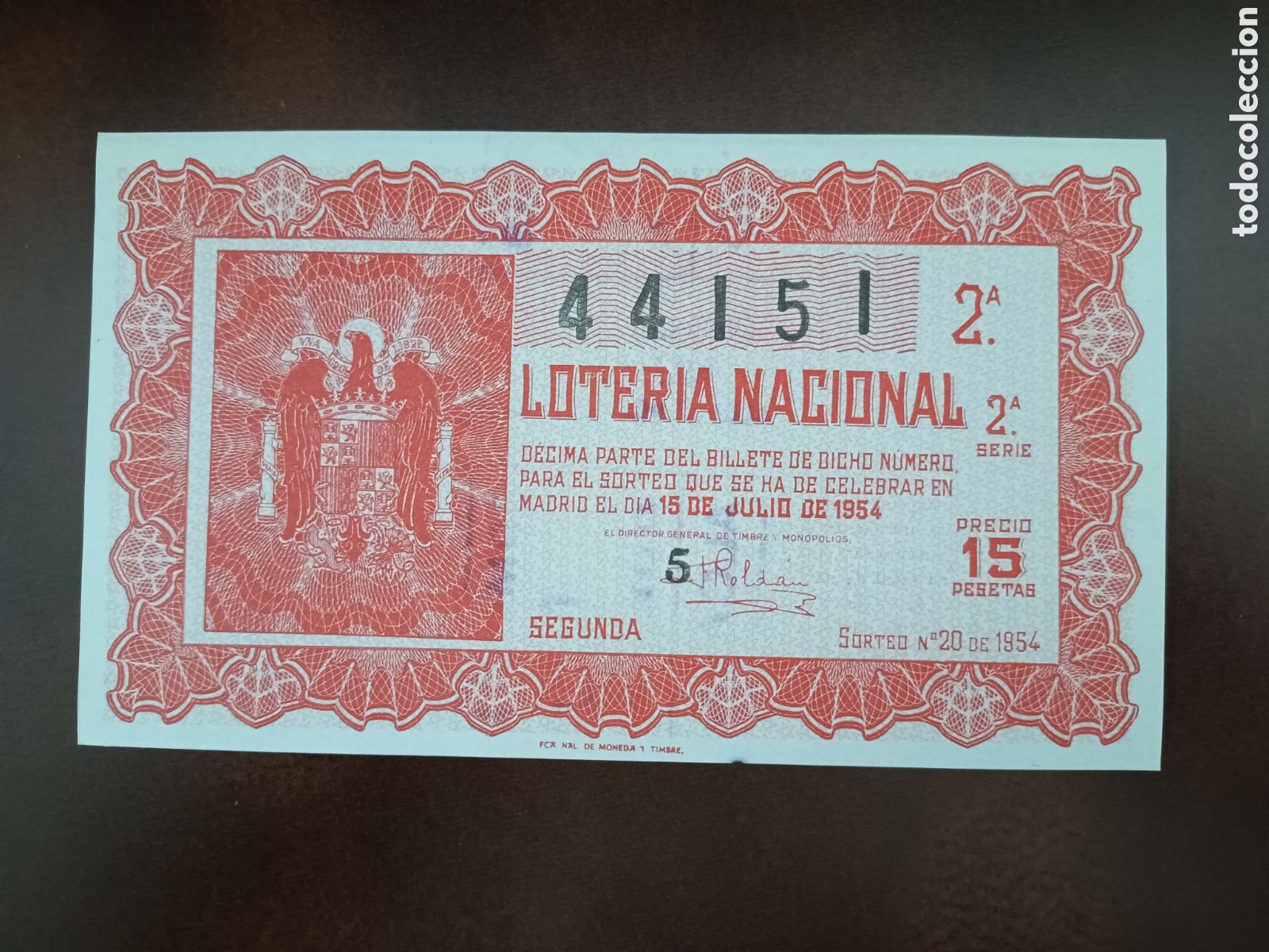 National Spanish Lottery: LOTER&Iacute;A NACIONAL N&ordm; 44151 - 15 DE JULIO DE 1954 - SORTEO N&ordm; 20