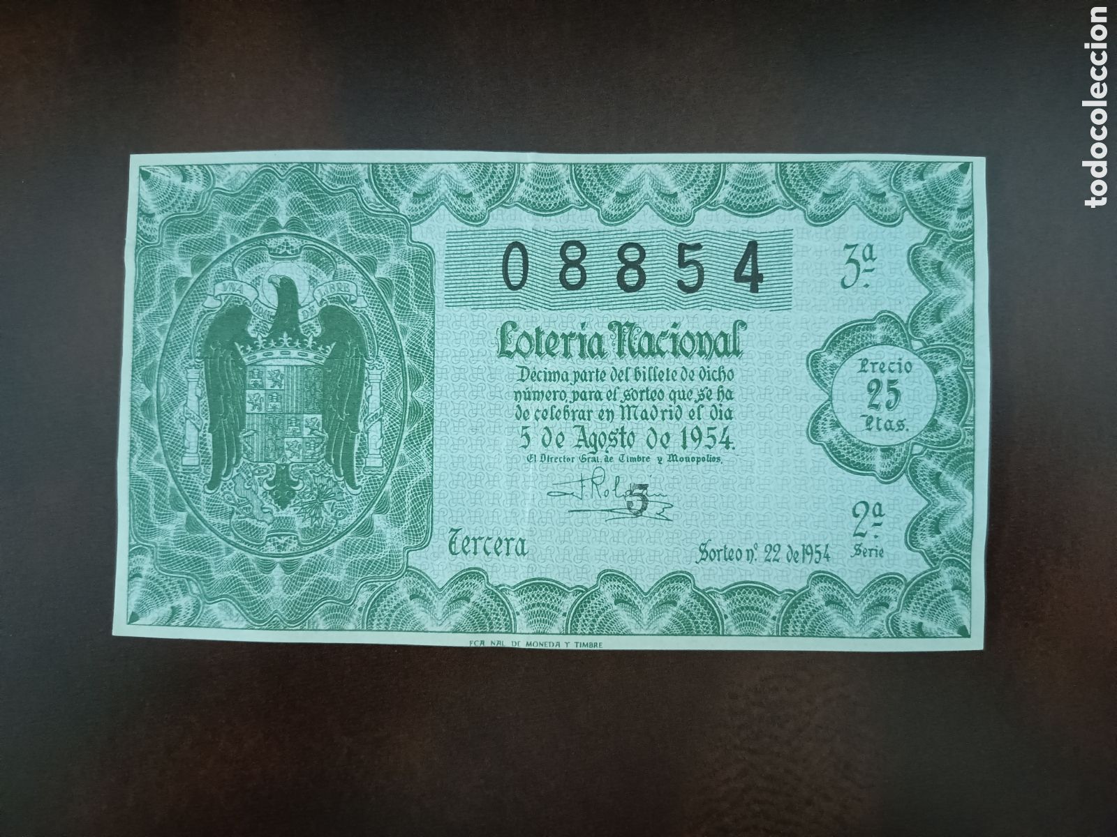National Spanish Lottery: LOTER&Iacute;A NACIONAL N&ordm; 08854 - 5 DE AGOSTO DE 1954 - SORTEO N&ordm; 22