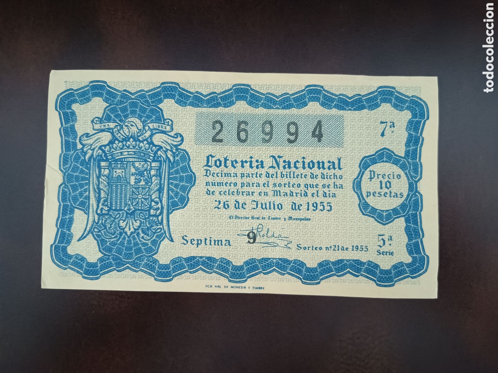Nationale spanische Lotterie: LOTER&Iacute;A NACIONAL N&ordm; 26994 - 26 DE JULIO DE 1955 - SORTEO N&ordm; 21