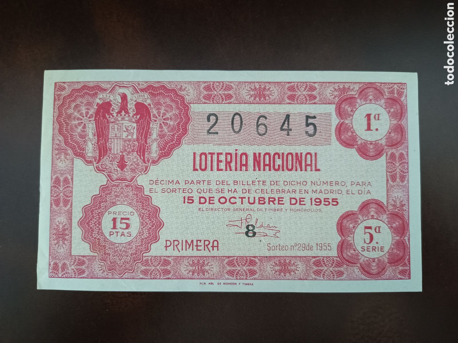 Nationale spanische Lotterie: LOTER&Iacute;A NACIONAL N&ordm; 20645 - 15 DE OCTUBRE DE 1955 - SORTEO N&ordm; 29