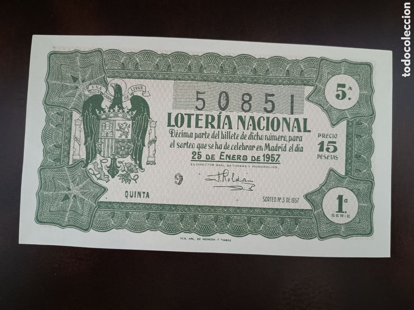 National Spanish Lottery: LOTER&Iacute;A NACIONAL N&ordm; 50851 - 25 DE ENERO DE 1957 - SORTEO N&ordm; 3