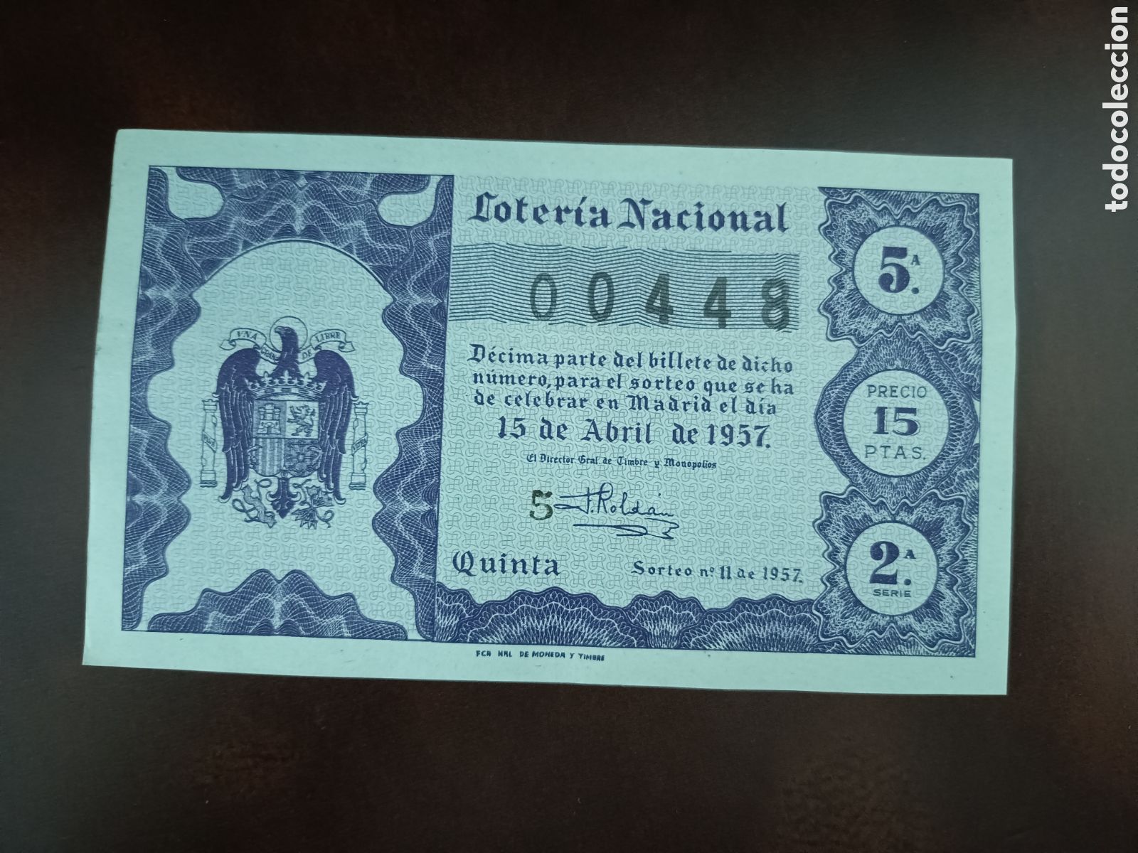National Spanish Lottery: LOTER&Iacute;A NACIONAL N&ordm; 00448 - 15 DE ABRIL DE 1957 - SORTEO N&ordm; 11
