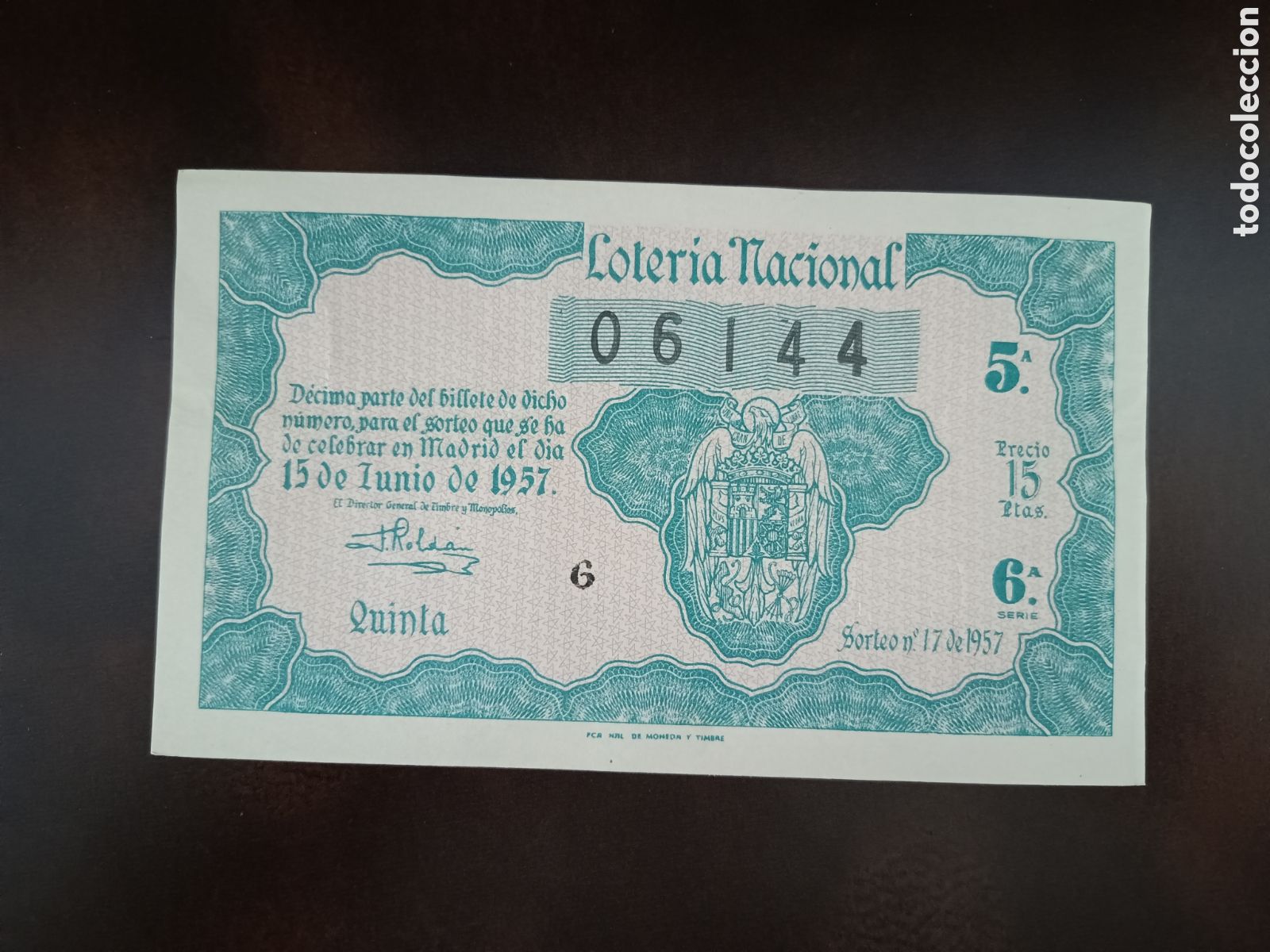 National Spanish Lottery: LOTER&Iacute;A NACIONAL N&ordm; 06144 - 15 DE JUNIO DE 1957 - SORTEO N&ordm; 17