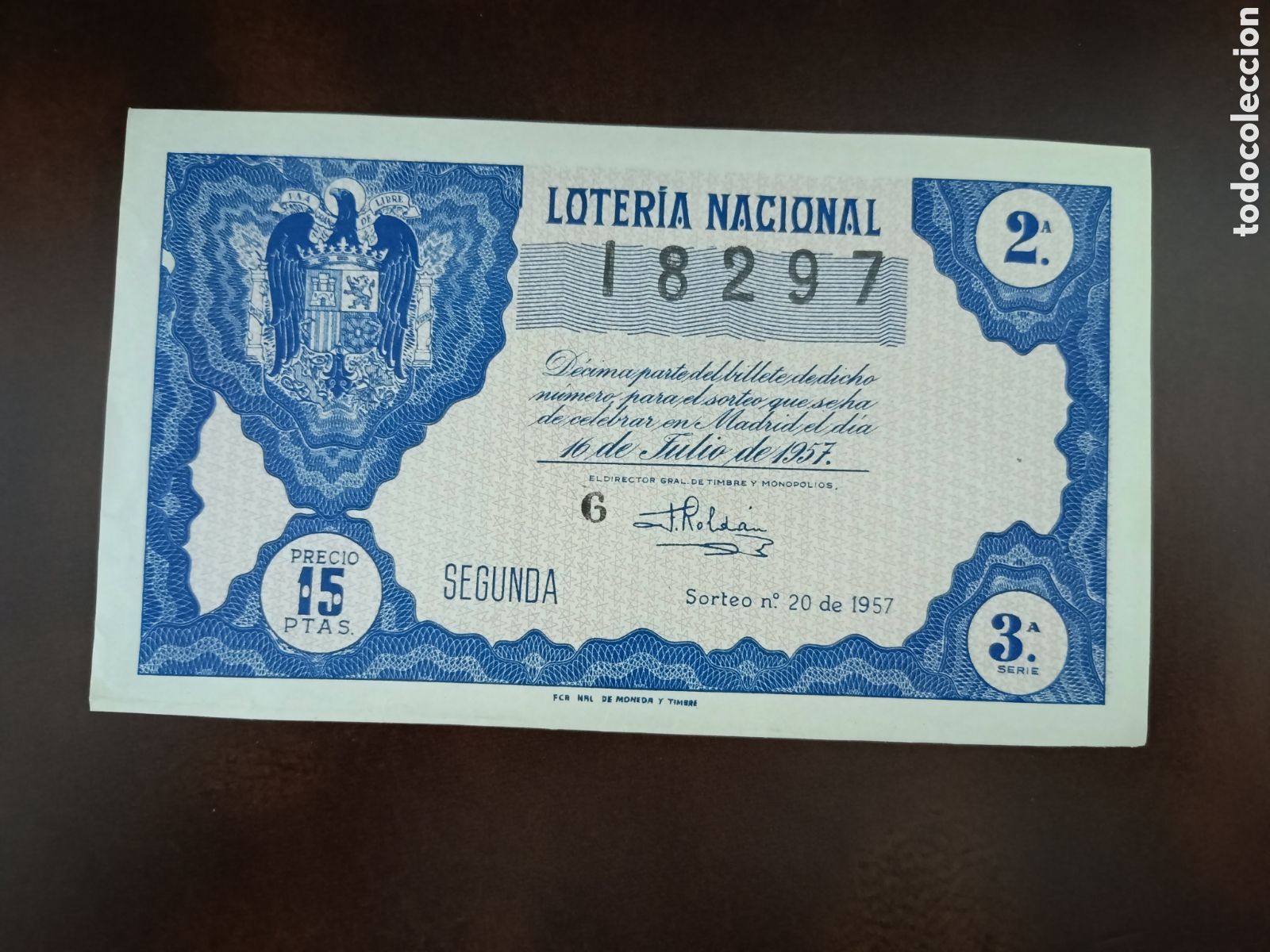 National Spanish Lottery: LOTER&Iacute;A NACIONAL N&ordm; 18297 - 16 DE JULIO DE 1957 - SORTEO N&ordm; 20