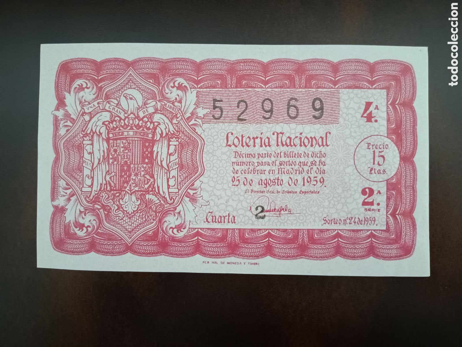 Loter&iacute;a Nacional: LOTER&Iacute;A NACIONAL N&ordm; 52969 - 25 DE AGOSTO DE 1959 - SORTEO N&ordm; 24