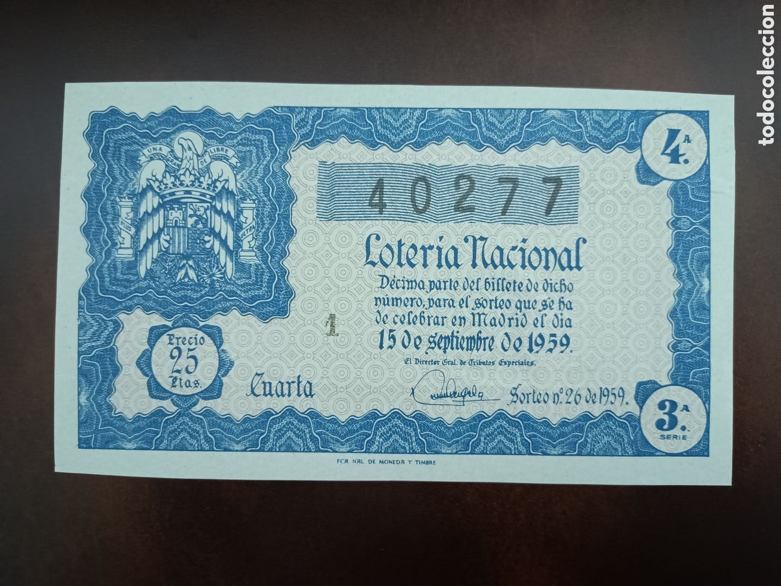 Loter&iacute;a Nacional: LOTER&Iacute;A NACIONAL N&ordm; 40277 - 15 DE SEPTIEMBRE DE 1959 - SORTEO N&ordm; 26