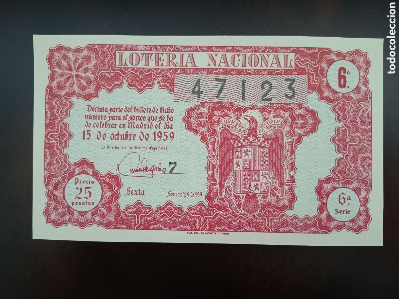 National Spanish Lottery: LOTER&Iacute;A NACIONAL N&ordm; 47123 - 15 DE OCTUBRE DE 1959 - SORTEO N&ordm; 29