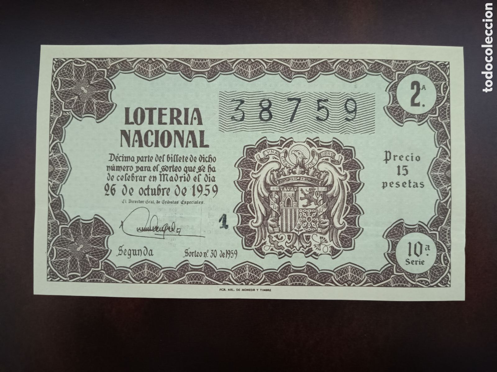 National Spanish Lottery: LOTER&Iacute;A NACIONAL N&ordm; 38759 - 26 DE OCTUBRE DE 1959 - SORTEO N&ordm; 30