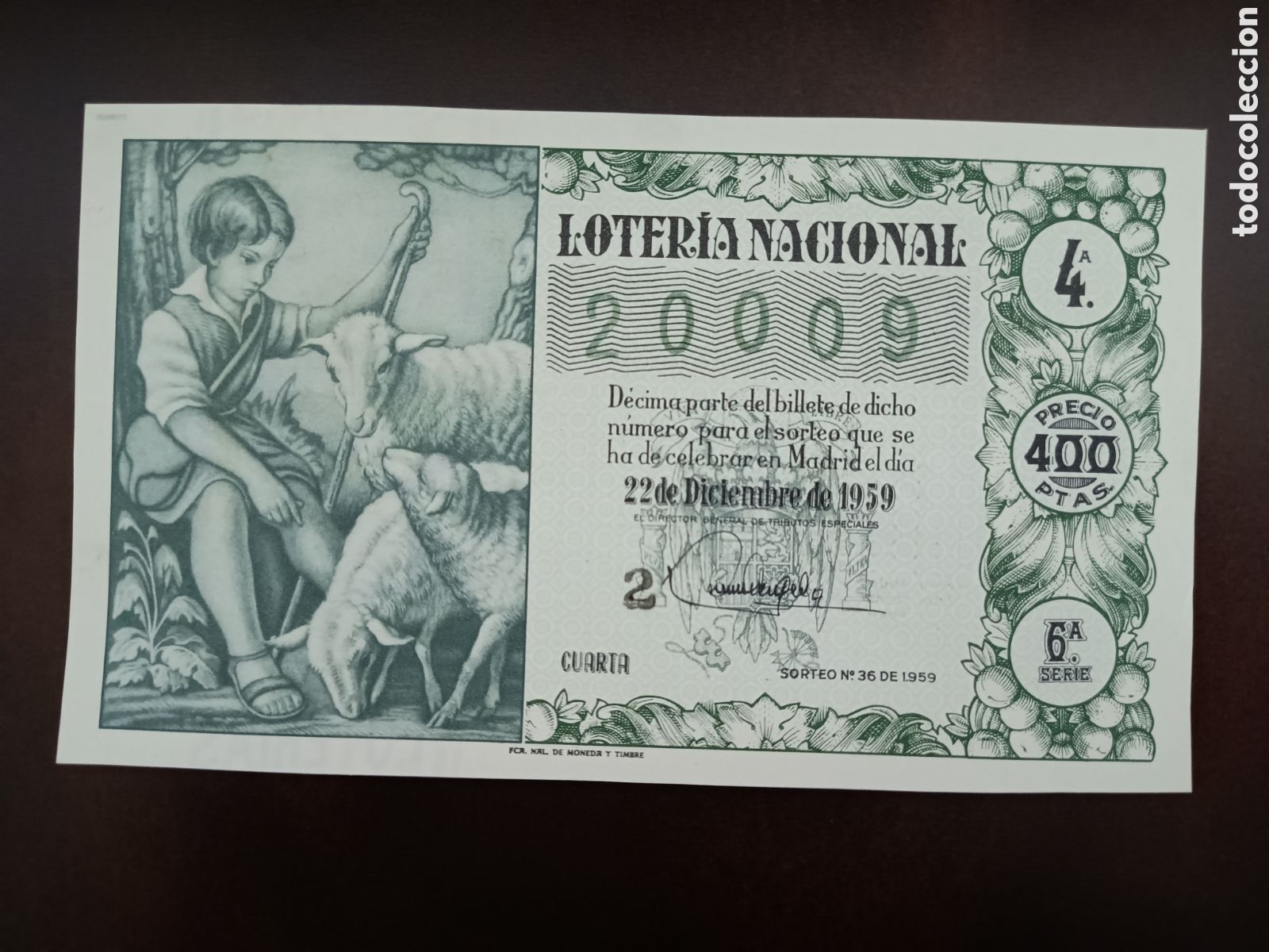 National Spanish Lottery: LOTER&Iacute;A NACIONAL N&ordm; 20009 - 22 DE DICIEMBRE DE 1959 - SORTEO N&ordm; 36