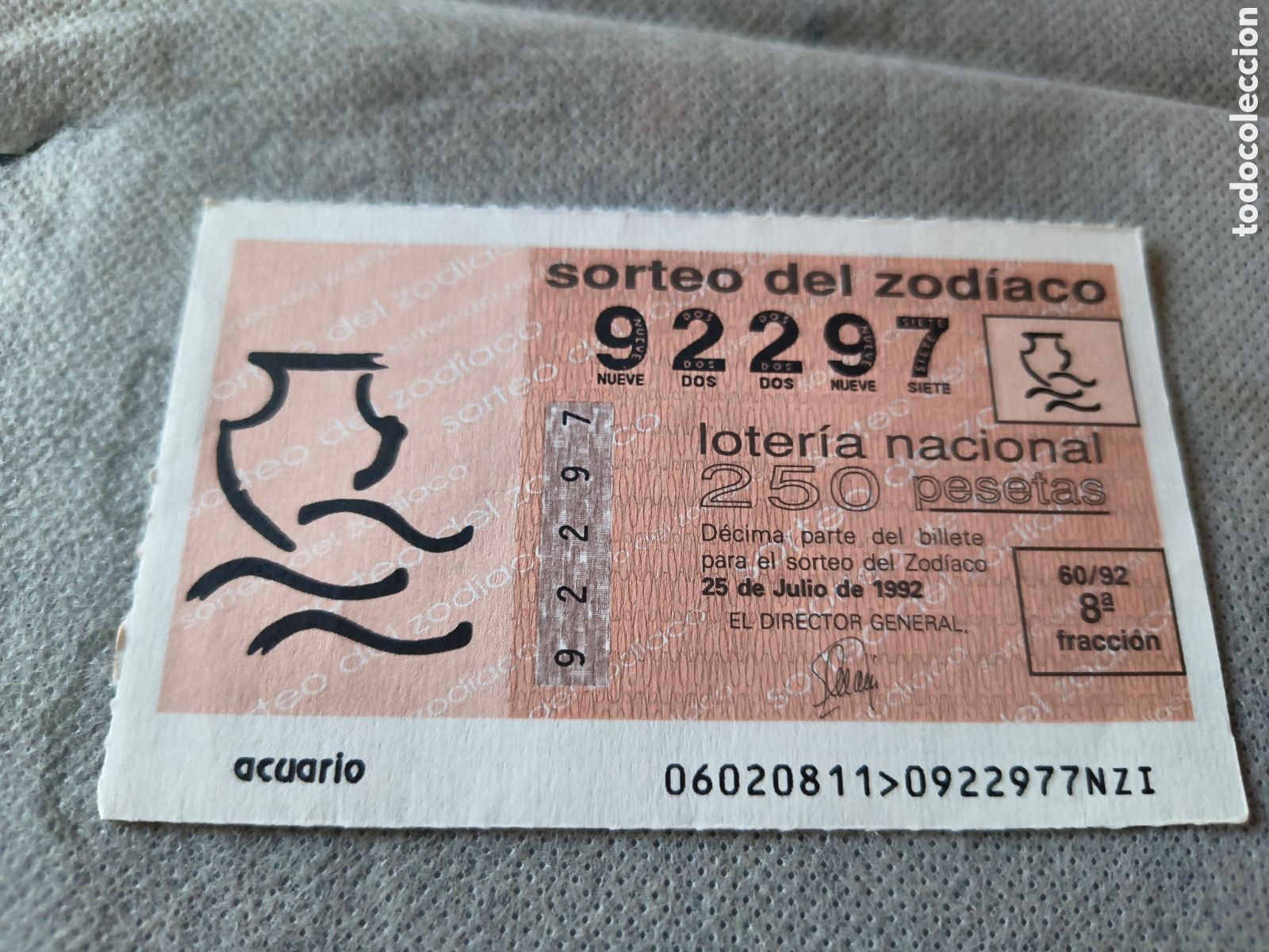 National Spanish Lottery: DECIMO DE LA LOTERIA NACIONAL. SORTEO 25 DE JULIO 1992 60/92 SORTEO DEL ZODIACO, ACUARIO