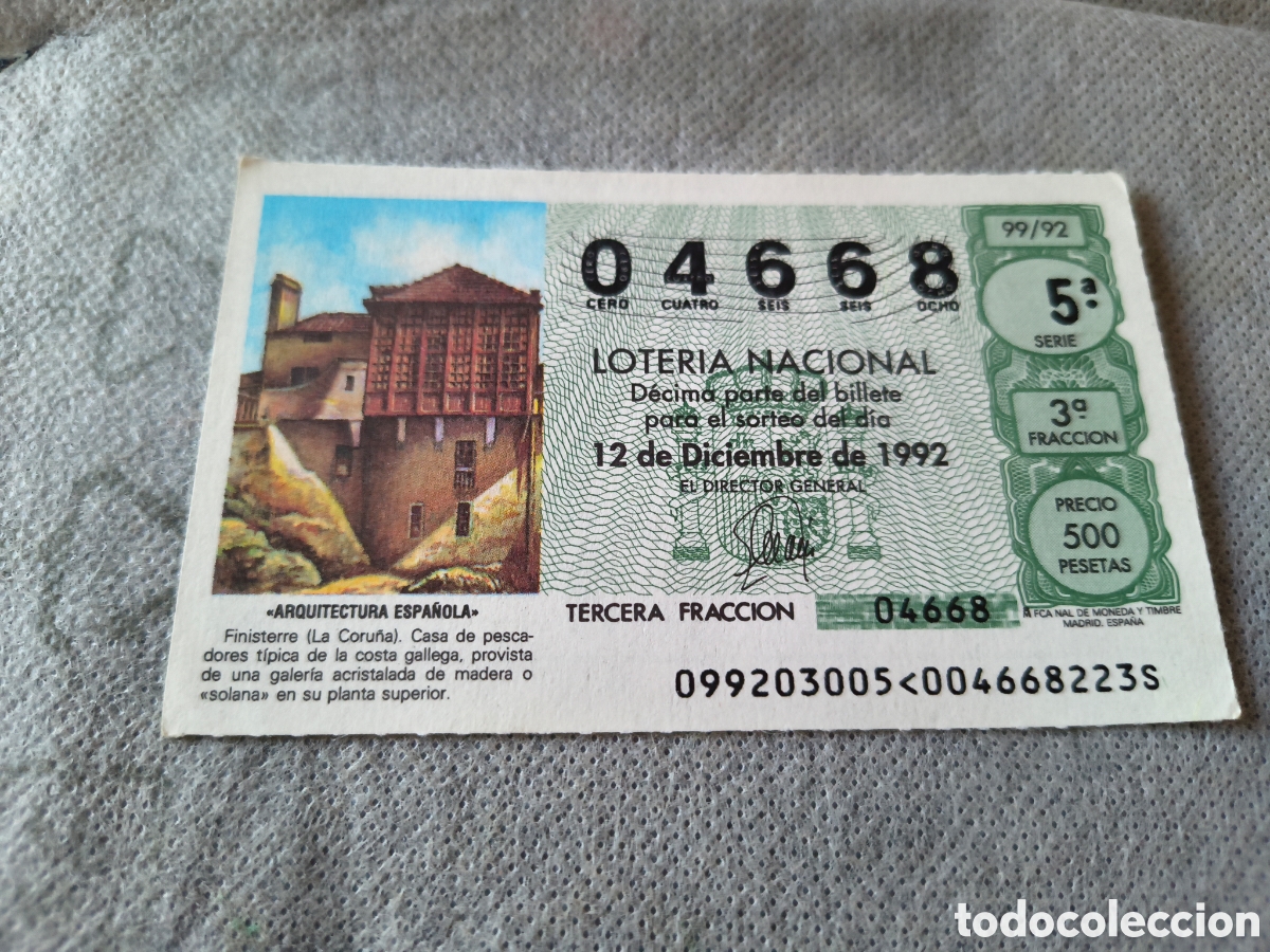 National Spanish Lottery: DECIMO DE LA LOTERIA NACIONAL. SORTEO 12 DICIEMBRE 1992 99/92 ARQUITECTURA ESPA&Ntilde;OLA, FINISTERRE