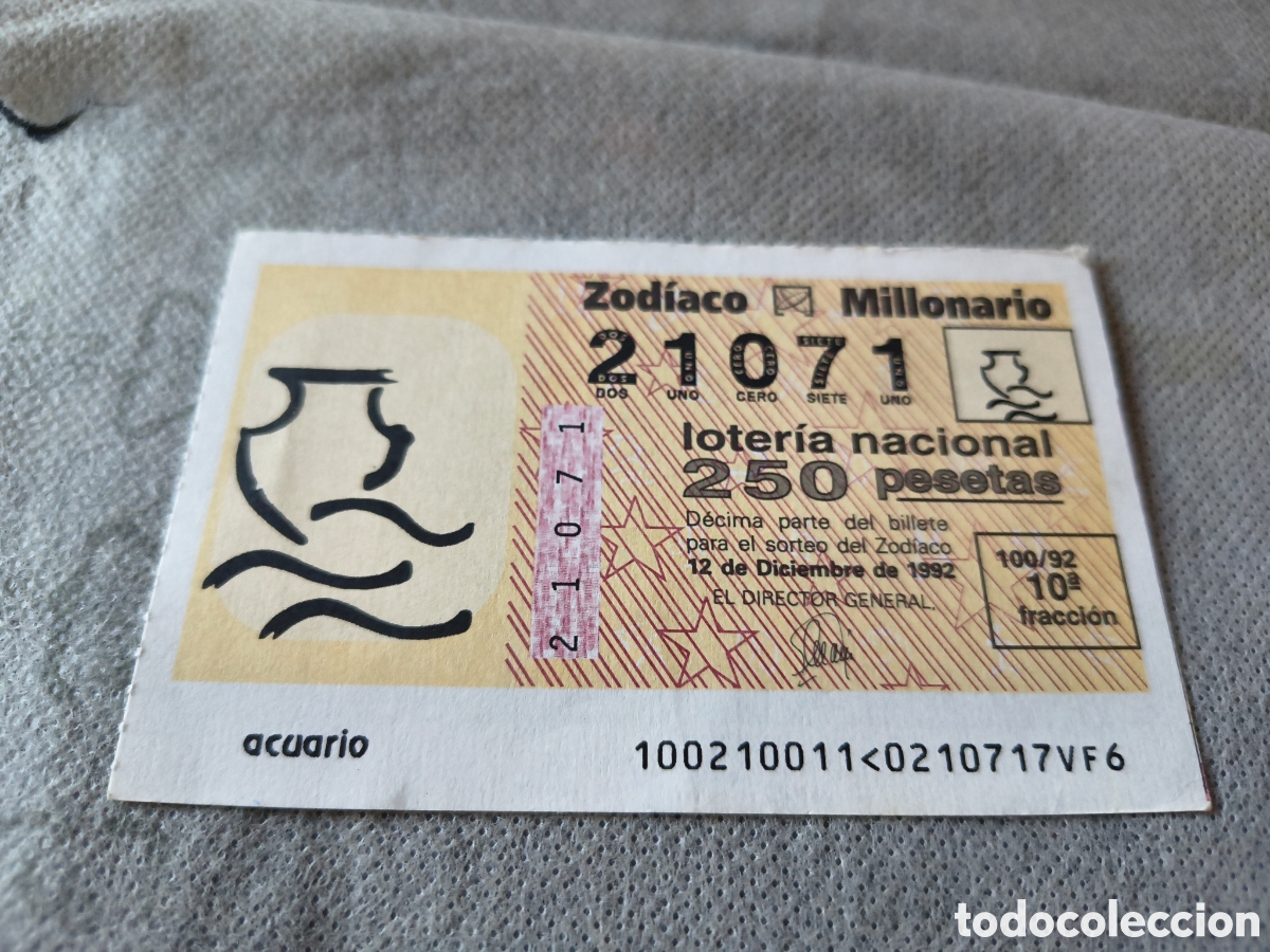 National Spanish Lottery: DECIMO DE LA LOTERIA NACIONAL. SORTEO 5 DICIEMBRE 1992 100/92 SORTEO DEL ZODIACO, ACUARIO