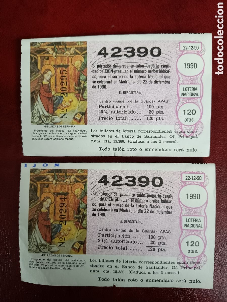 Loterie Nationale: 2 PARTICIPACIONES - CENTRO DE PARAL&Iacute;TICOS CEREBRALES - 22 DE DICIEMBRE DE 1990