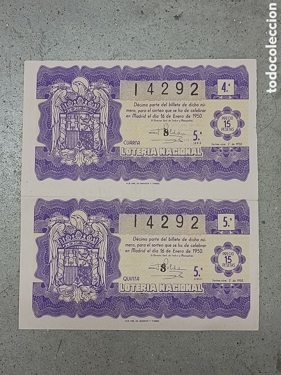 National Spanish Lottery: LOTER&Iacute;A NACIONAL N&ordm; 14292 - 16 DE ENERO DE 1950 - SORTEO 2 - 2 D&Eacute;CIMOS SIN CORTAR