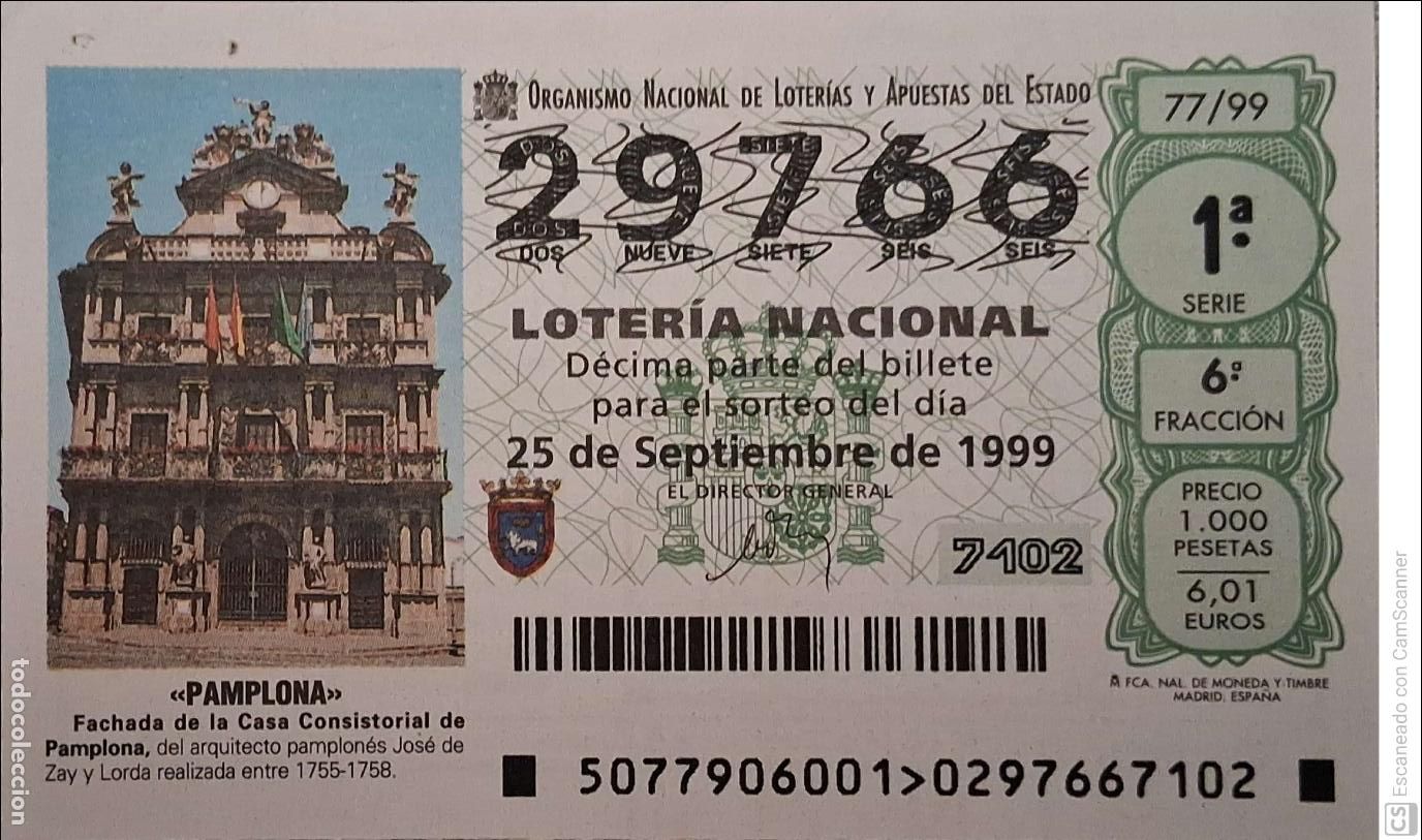 National Spanish Lottery: Espa&ntilde;a. Loter&iacute;a. 1999. Sorteo: 77 Pamplona. Fachada de la Casa Consistorial del arquitecto Jos&eacute; de