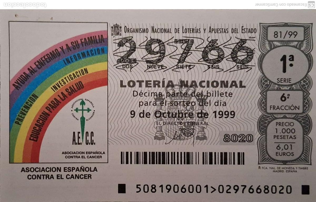 National Spanish Lottery: Espa&ntilde;a. Loter&iacute;a. 1999. Sorteo: 81 Asociaci&oacute;n Espa&ntilde;ola contra el C&aacute;ncer. 9 octubre. Ver foto por agu