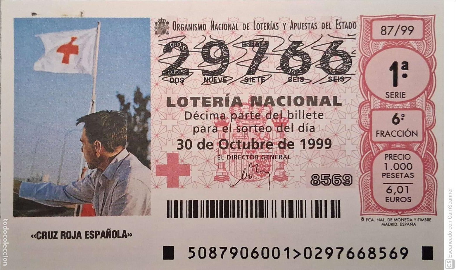 National Spanish Lottery: Espa&ntilde;a. Loter&iacute;a. 1999. Sorteo: 87 Cruz Roja Espa&ntilde;ola. 30 octubre. Ver foto por agujero de grapa