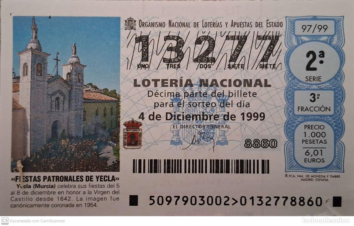 National Spanish Lottery: Espa&ntilde;a. Loter&iacute;a. 1999. Sorteo: 97 Yecla (Murcia). Fiestas Patronales en honor de la Virgen del Cast