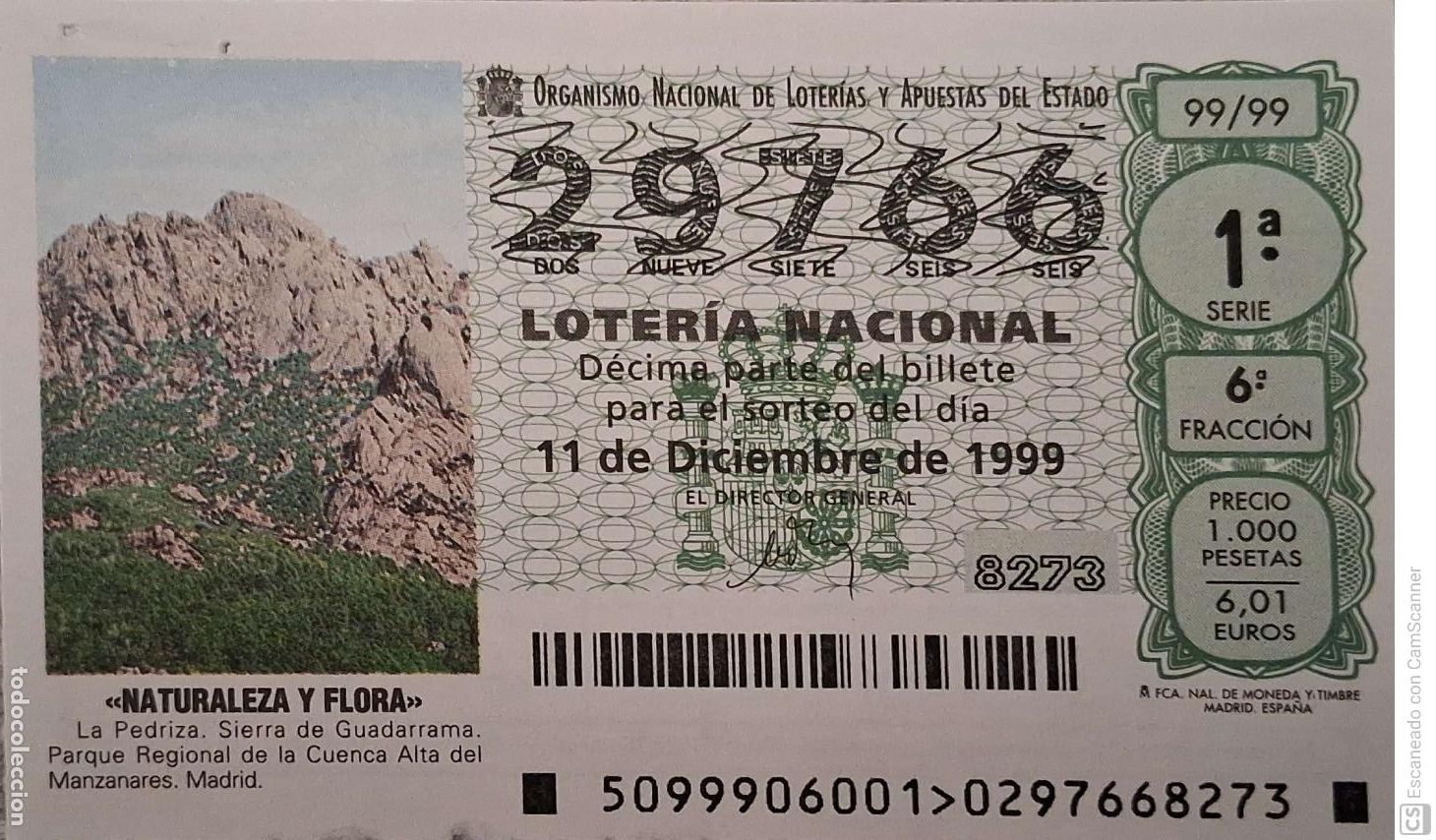 National Spanish Lottery: Espa&ntilde;a. Loter&iacute;a. 1999. Sorteo: 99 Naturaleza y Flora: Madrid. La Pedriza. Sierra de Guadarrama y Pa