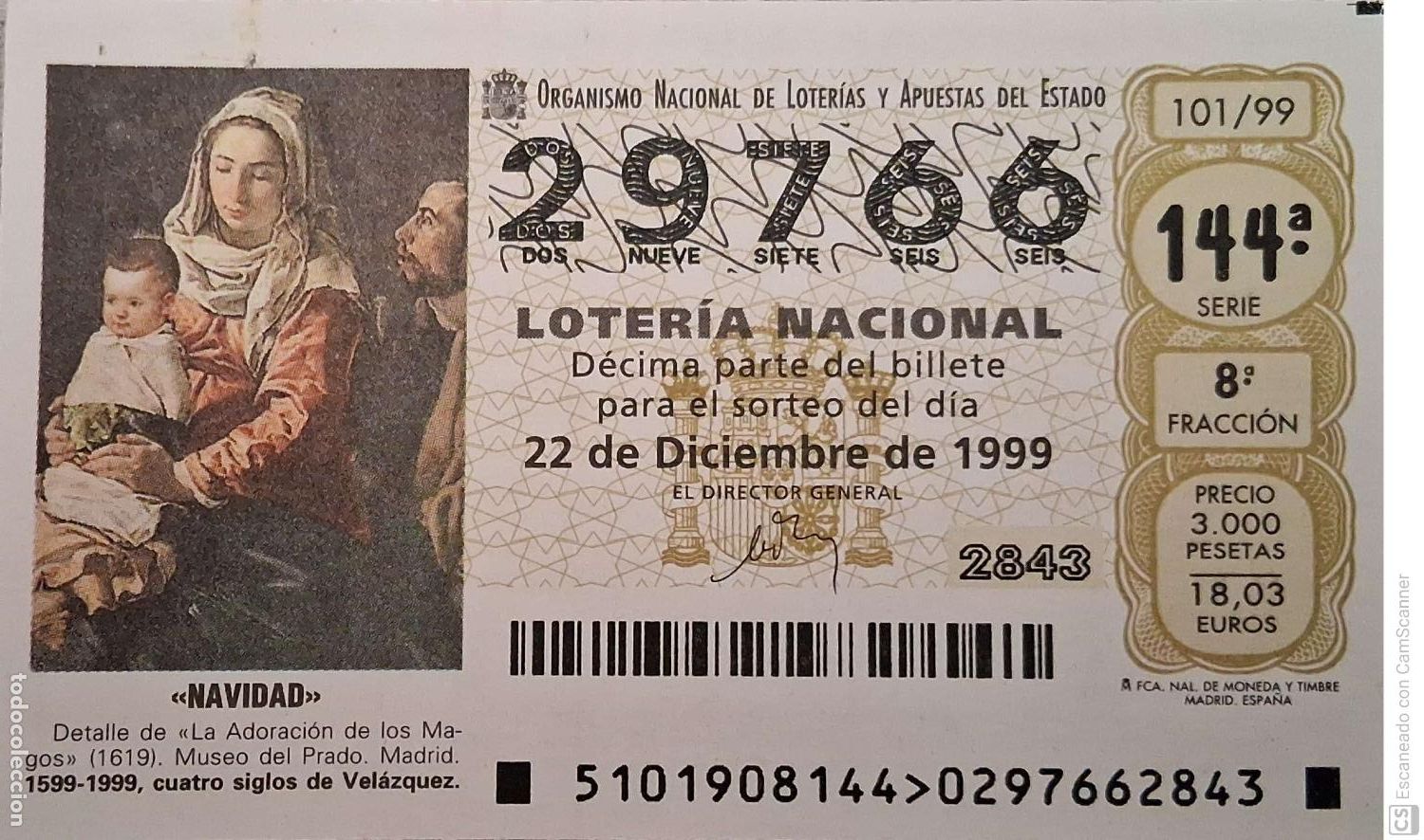 Loter&iacute;a Nacional: Espa&ntilde;a. Loter&iacute;a. 1999. Sorteo: 101 Navidad. La Adoraci&oacute;n de los Magos de Vel&aacute;zquez. Museo del Prado