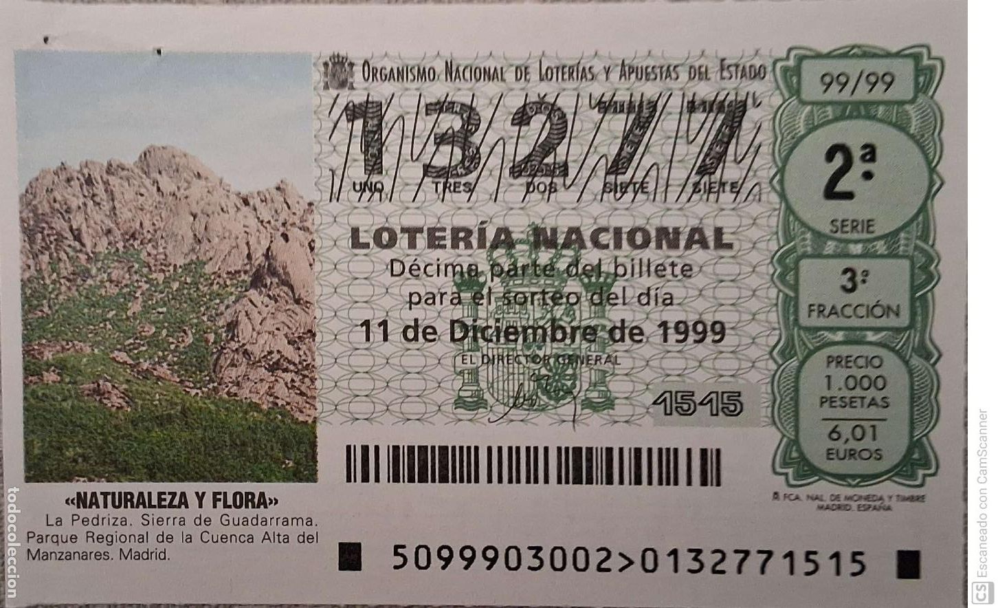 National Spanish Lottery: Espa&ntilde;a. Loter&iacute;a. 1999. Sorteo: 99 Naturaleza y Flora: Madrid. La Pedriza. Sierra de Guadarrama y Pa