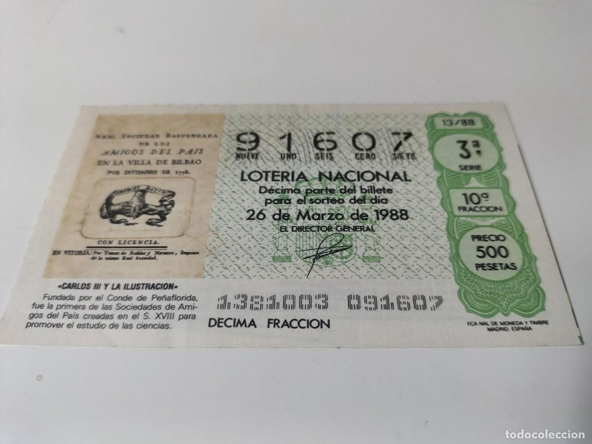 National Spanish Lottery: 1 DECIMO LOTERIA DEL SABADO - 26 MARZO 1988 - 13/88 - CARLOS III Y LA ILUSTRACION - AMIGO DEL PAIS