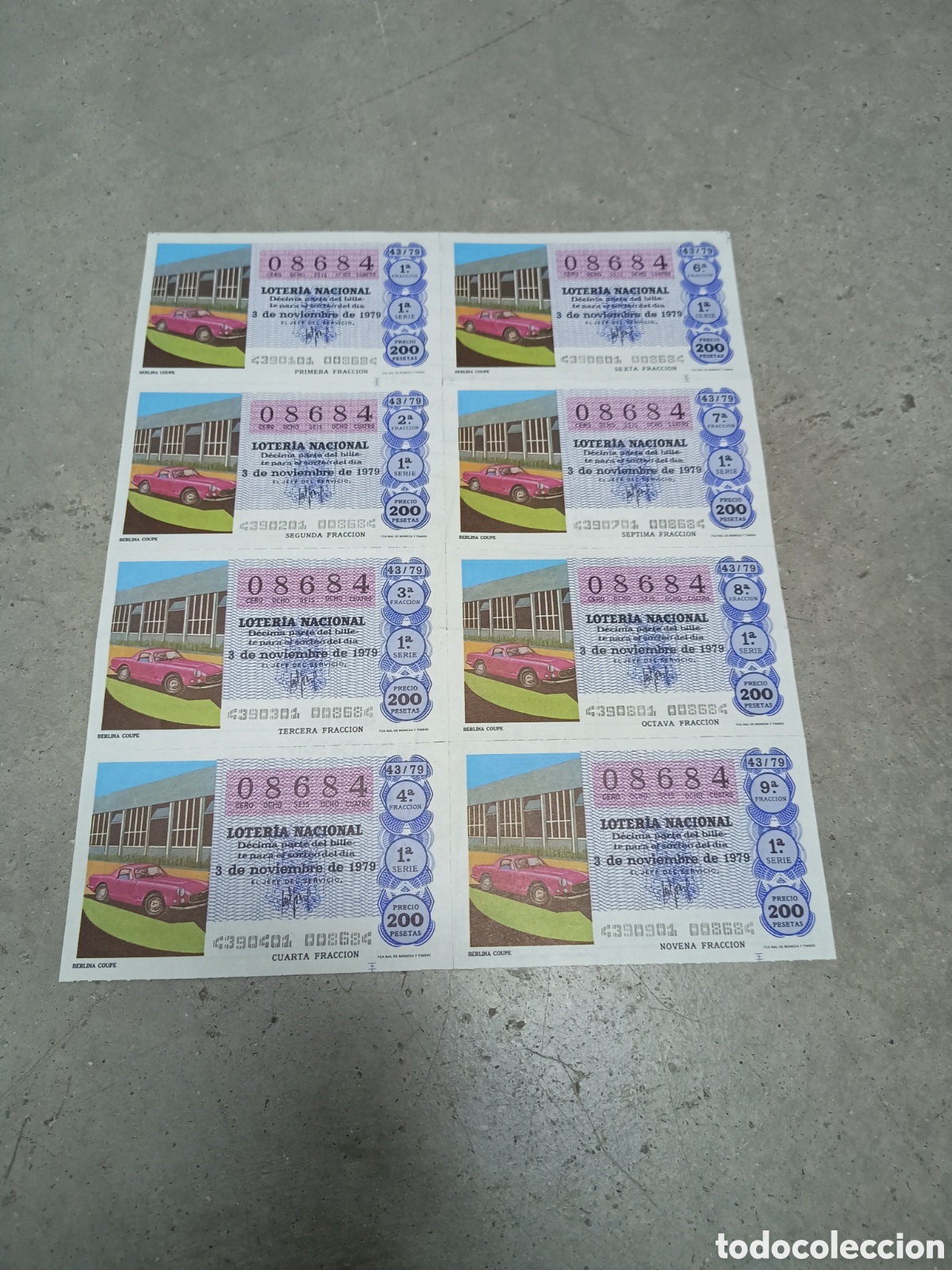 Nationale spanische Lotterie: PLIEGO LOTER&Iacute;A NACIONAL- 8 D&Eacute;CIMOS - N&ordm; 08684 - SORTEO 43/79 - 3 NOVIEMBRE 1979