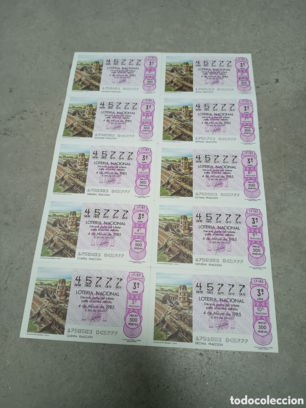 National Spanish Lottery: PLIEGO LOTER&Iacute;A NACIONAL- 10 D&Eacute;CIMOS - N&ordm; 45777 - SORTEO 17/85 - 4 MAYO 1985
