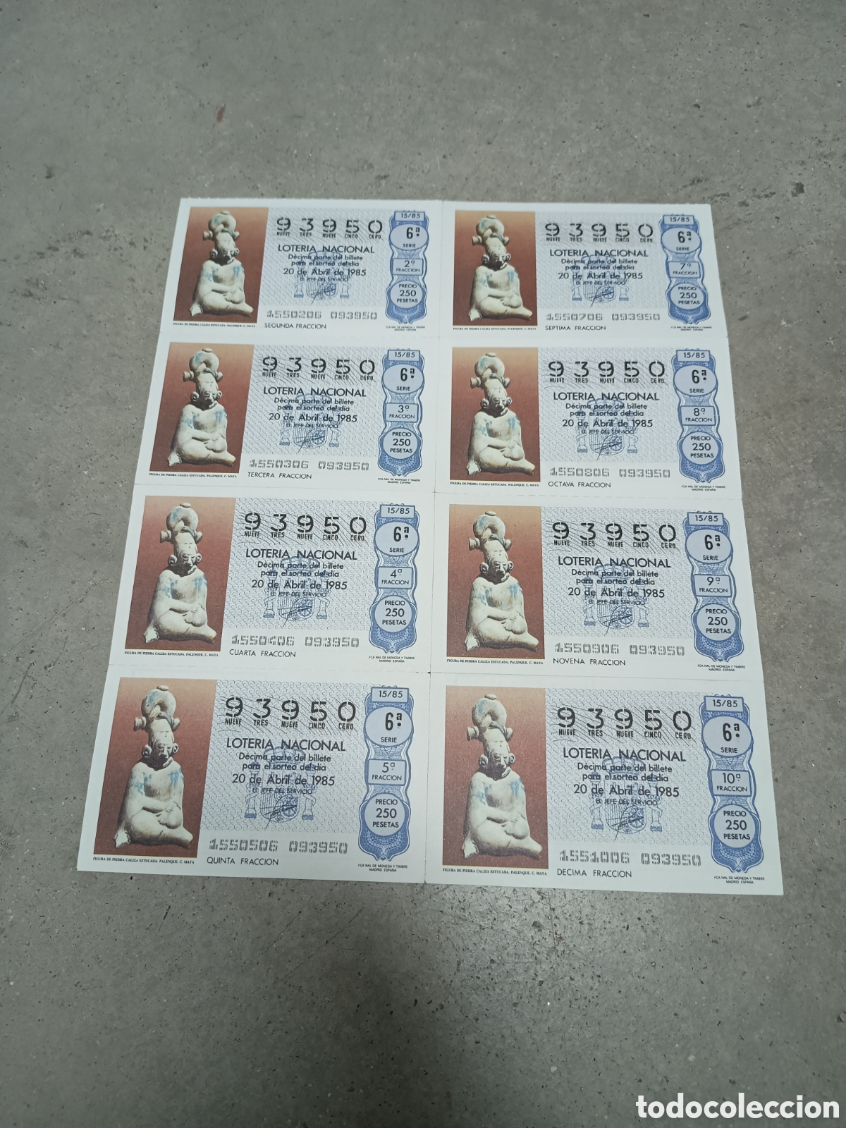 National Spanish Lottery: PLIEGO LOTER&Iacute;A NACIONAL- 8 D&Eacute;CIMOS - N&ordm; 93950 - SORTEO 15/85 - 20 ABRIL 1985
