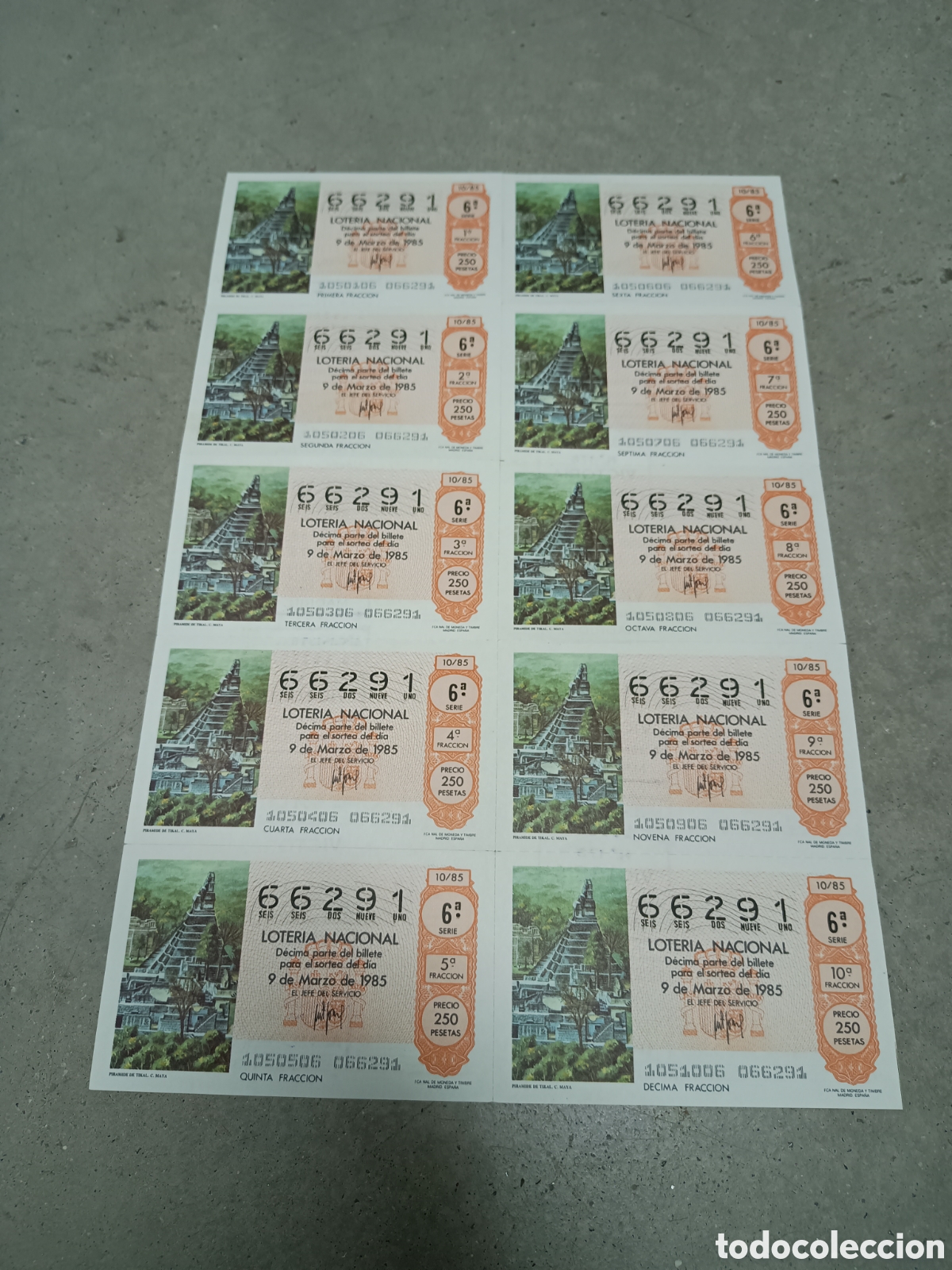 National Spanish Lottery: PLIEGO LOTER&Iacute;A NACIONAL- 10 D&Eacute;CIMOS - N&ordm; 66291 - SORTEO 10/85 - 9 MARZO 1985