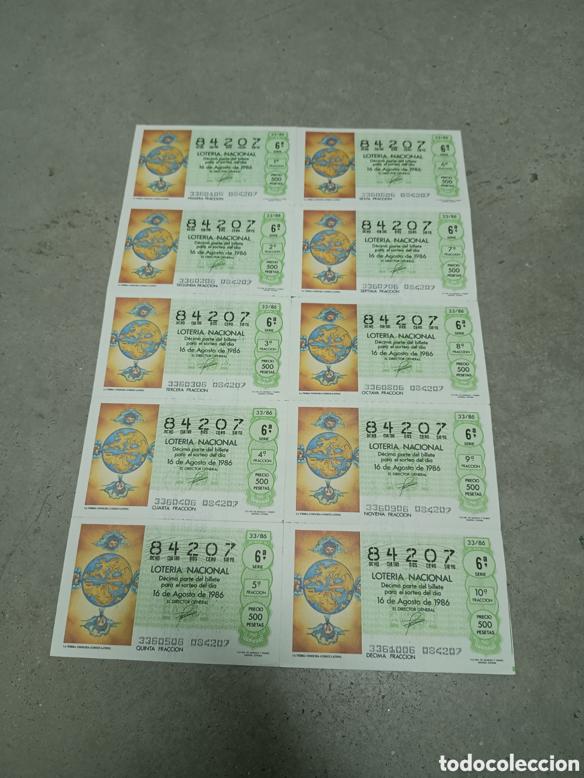 National Spanish Lottery: PLIEGO LOTER&Iacute;A NACIONAL- 10 D&Eacute;CIMOS - N&ordm; 84207 - SORTEO 33/86 - 16 AGOSTO 1986