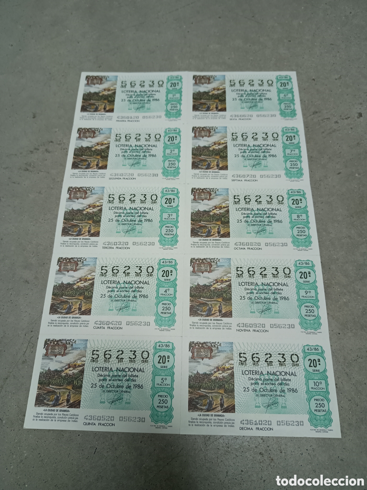 National Spanish Lottery: PLIEGO LOTER&Iacute;A NACIONAL- 10 D&Eacute;CIMOS - N&ordm; 56230 - SORTEO 43/86 - 25 OCTUBRE 1986