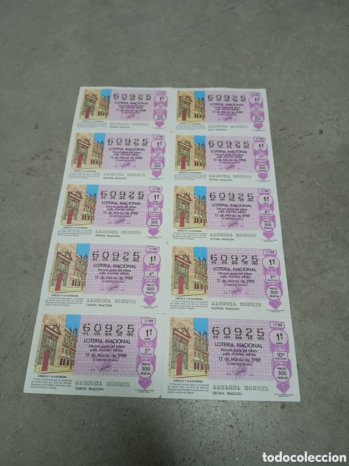 National Spanish Lottery: PLIEGO LOTER&Iacute;A NACIONAL- 10 D&Eacute;CIMOS - N&ordm; 60925 - SORTEO 21/88 - 12 MARZO 1988
