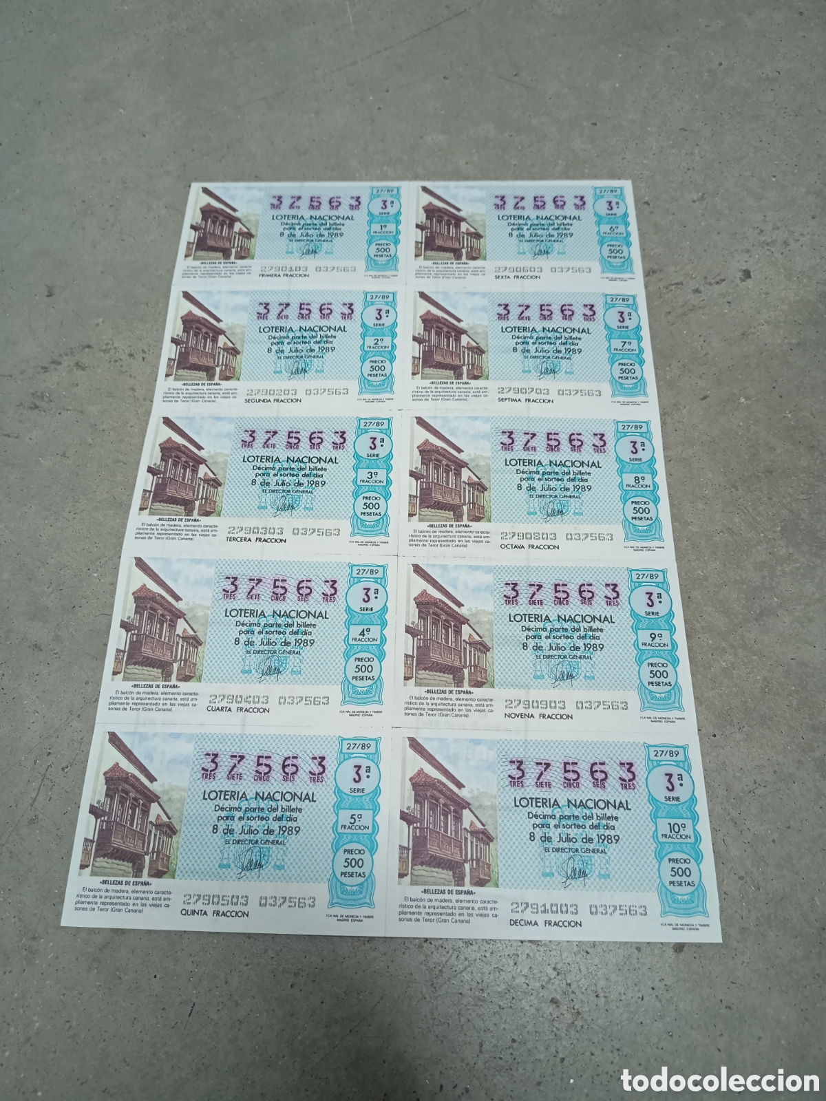 National Spanish Lottery: PLIEGO LOTER&Iacute;A NACIONAL- 10 D&Eacute;CIMOS - N&ordm; 37563 - SORTEO 27/89 - 8 JULIO 1989