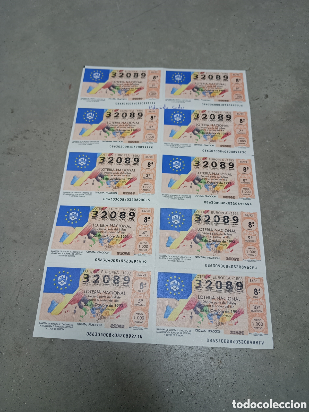 National Spanish Lottery: PLIEGO LOTER&Iacute;A NACIONAL- 10 D&Eacute;CIMOS - N&ordm; 32089 - SORTEO 86/93 - 23 OCTUBRE 1993