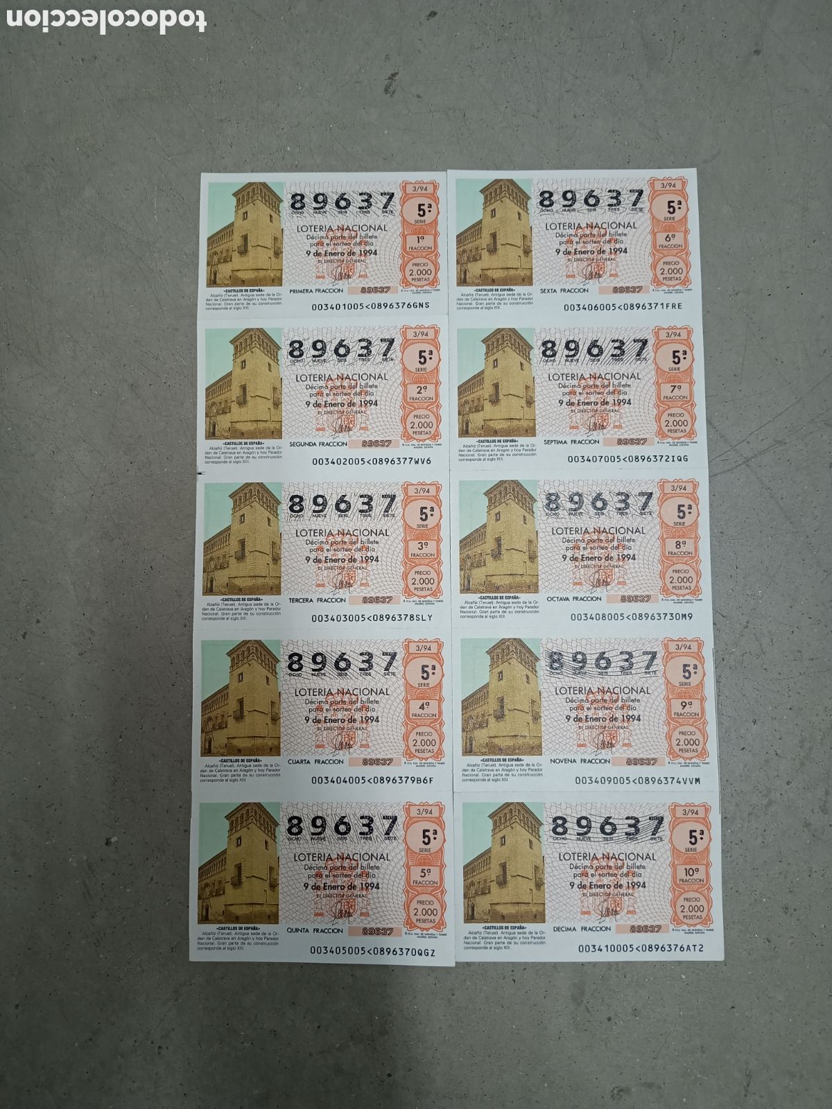 National Spanish Lottery: PLIEGO LOTER&Iacute;A NACIONAL- 10 D&Eacute;CIMOS - N&ordm; 89637 - SORTEO 3/94 - 9 ENERO 1994