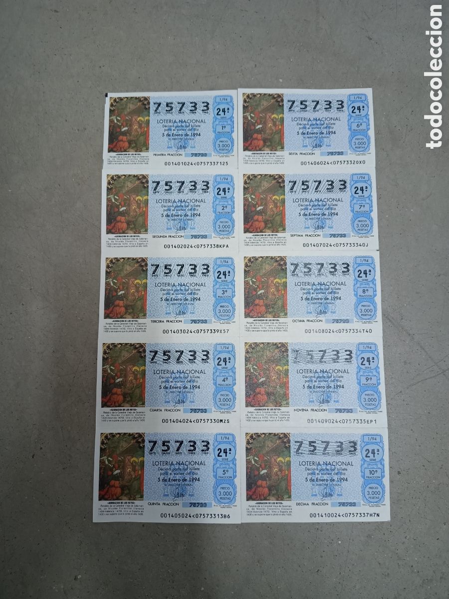 National Spanish Lottery: PLIEGO LOTER&Iacute;A NACIONAL- 10 D&Eacute;CIMOS - N&ordm; 75733 - SORTEO 1/94 - 5 ENERO 1994