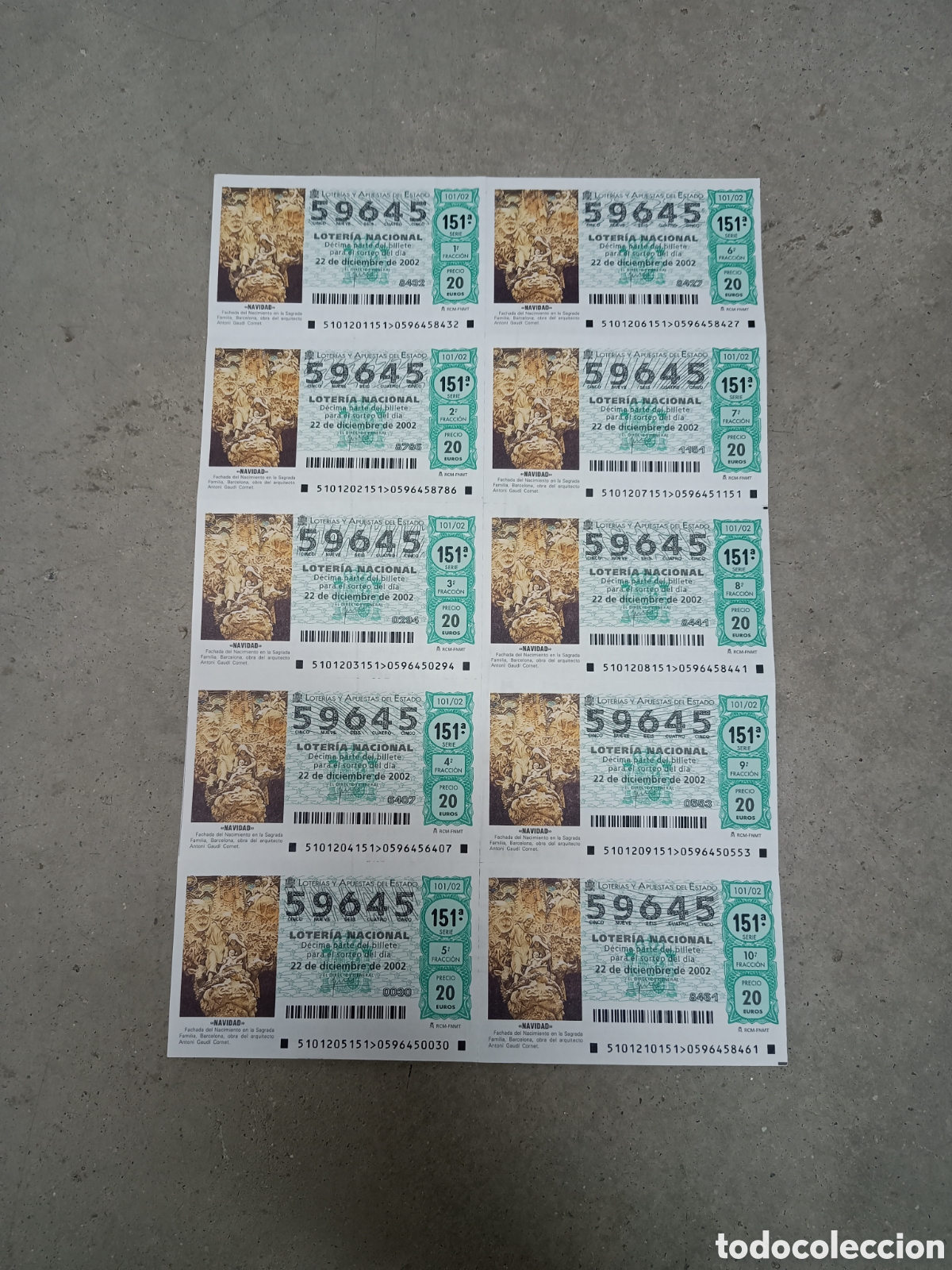 National Spanish Lottery: PLIEGO LOTER&Iacute;A NACIONAL- 10 D&Eacute;CIMOS - N&ordm; 59645 - SORTEO 101/02 - 22 DICIEMBRE 2002