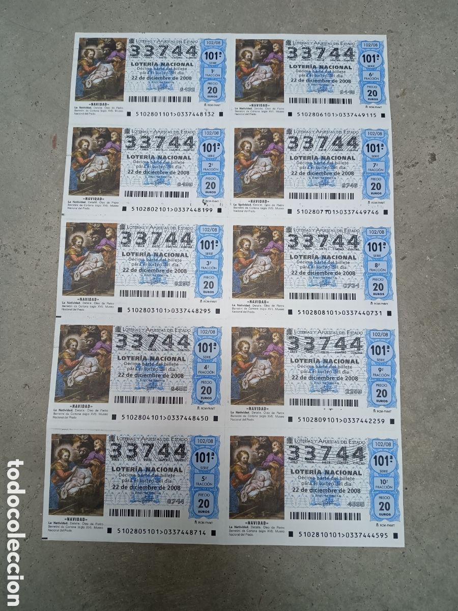National Spanish Lottery: PLIEGO LOTER&Iacute;A NACIONAL- 10 D&Eacute;CIMOS - N&ordm; 33744 - SORTEO 102/08 - 22 DICIEMBRE 2008