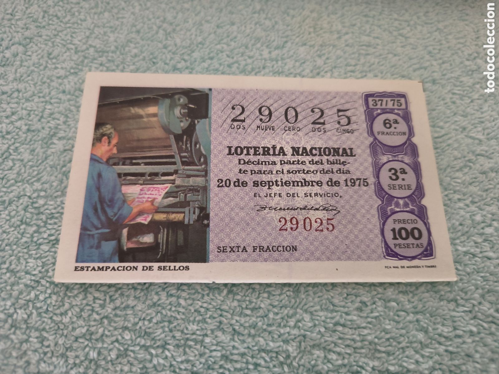Loter&iacute;a Nacional: DECIMO DE LA LOTERIA NACIONAL. SORTEO 20 SEPTIEMBRE 1975. 37/75 ESTAMPACION DE SELLOS