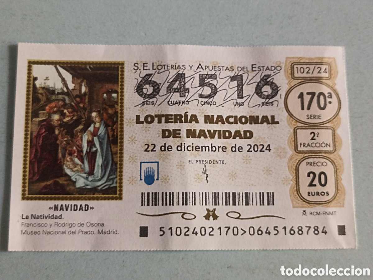 Loter&iacute;a Nacional: D&eacute;cimo Loter&iacute;a Nacional Navidad 22 Diciembre 2024 N&uacute;mero 64516 - Pedido m&iacute;nimo 3&euro;