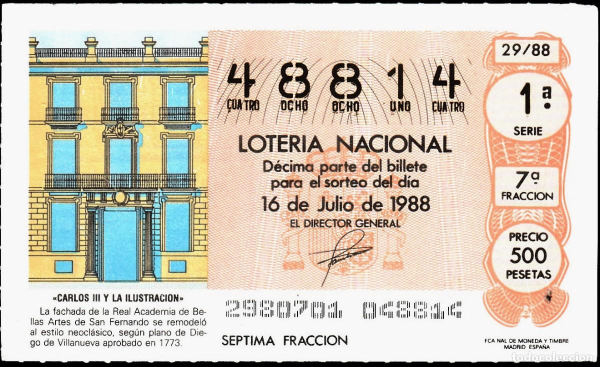 Lotaria Nacional: 1988 - DECIMO LOTERIA - CARLOS III - REAL BELLAS ARTES SAN FERNANDO - SORTEO 29/88 - N&ordm; 48814