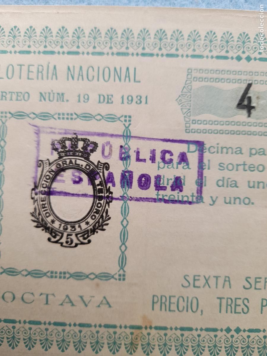 Loter&iacute;a nacional: D&eacute;cimo. Sorteo n&ordm; 19 del a&ntilde;o 1931. - Foto 2