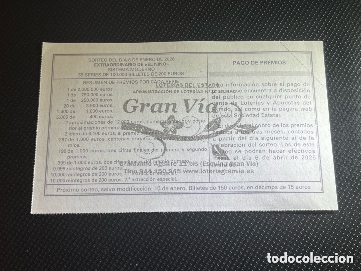 Loter&iacute;a Nacional: D&eacute;cimo Loter&iacute;a del Ni&ntilde;o 2026. Sorteo 2/26. N&ordm; 95505. Sello Loter&iacute;a Gran V&iacute;a, Bilbao.