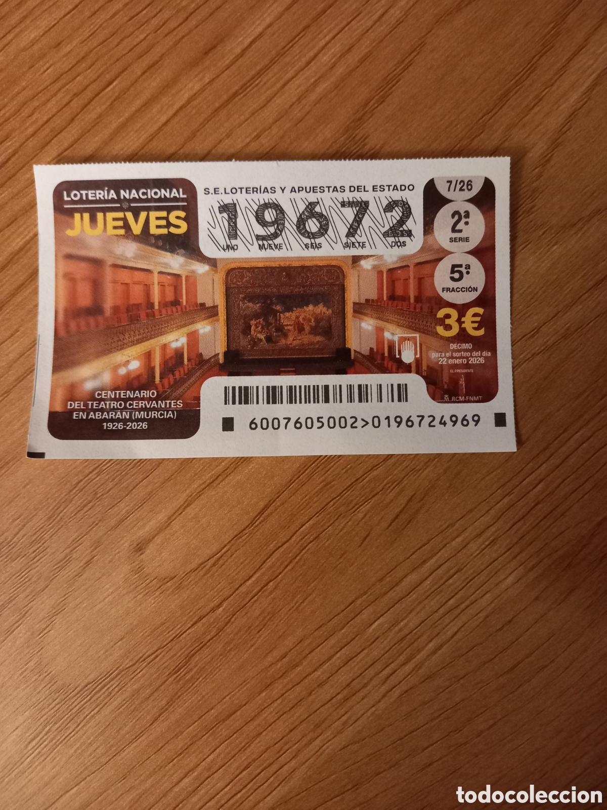 Loter&iacute;a Nacional: LOTER&Iacute;A 22 ENERO 2026 - CENTENARIO DEL TEATRO CERVANTES EN ABAR&Aacute;N (MURCIA)