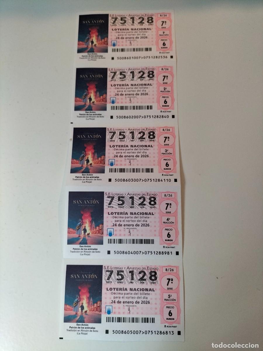 Nationale spanische Lotterie: 5 DECIMOS SIN CORTAR LOTERIA NACIONAL SABADO 24 ENERO 2026 8/26 SAN ANTON - RINC&Oacute;N DE SOTO LA RIOJA