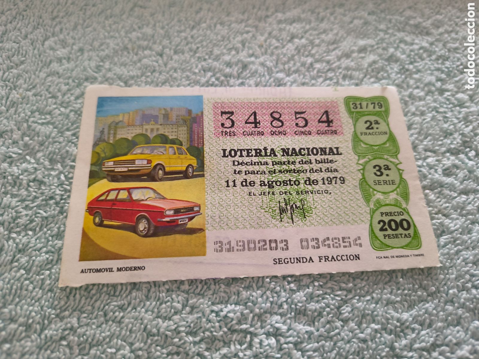 Loter&iacute;a Nacional: DECIMO DE LA LOTERIA NACIONAL. SORTEO 11 DE AGOSTO 1979. 31/79 AUTOMOVIL MODERNO