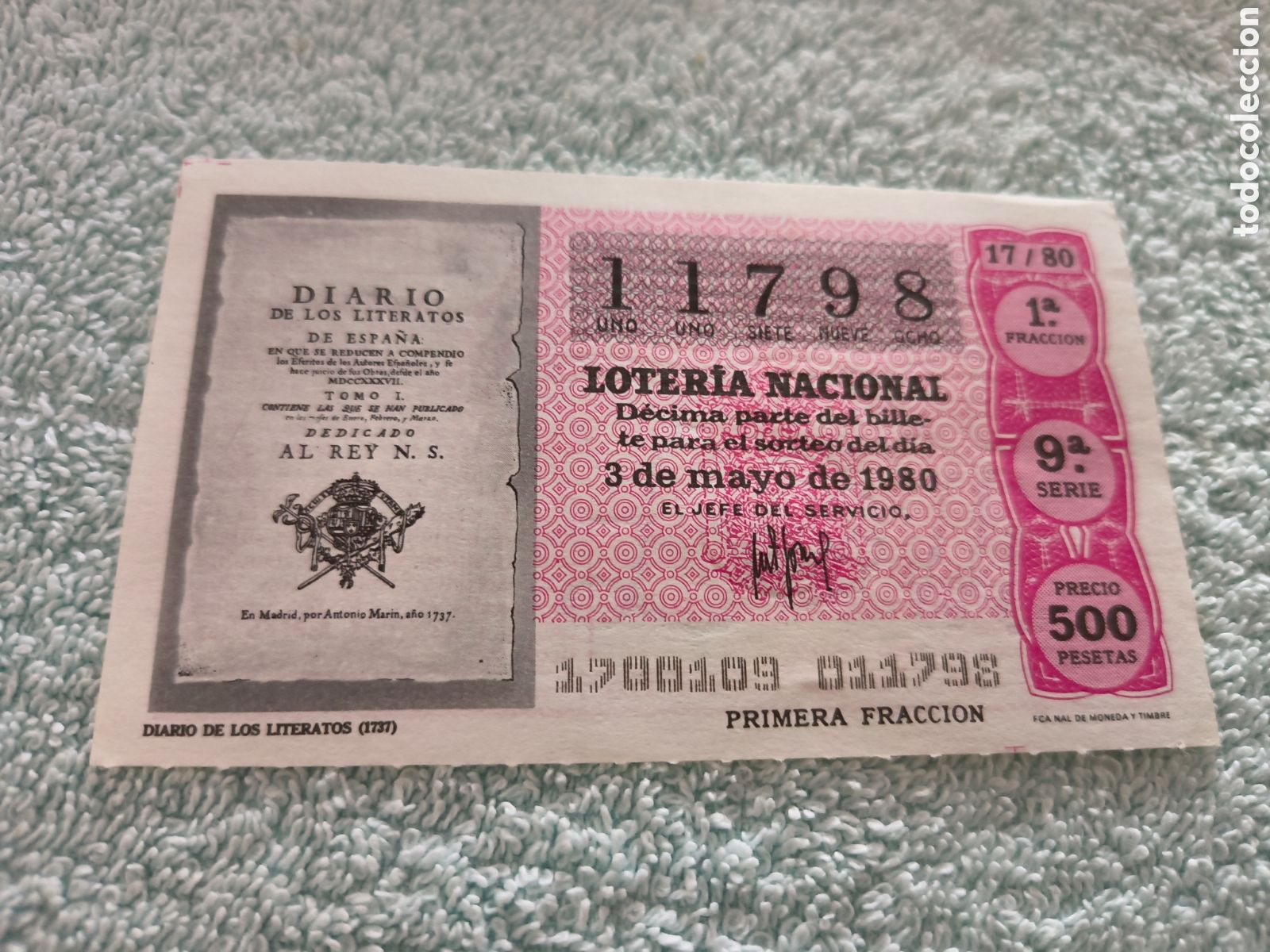 Loter&iacute;a Nacional: DECIMO DE LA LOTERIA NACIONAL. SORTEO 3 MAYO 1980 17/80 DIARIO DE LOS LITERATOS 1737