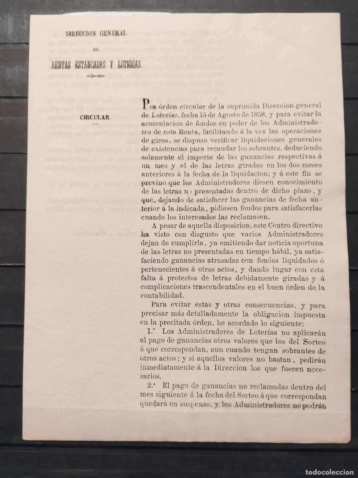Lotaria Nacional: TKZ -- CIRCULAR DE 1866 DE LA DIRECCION GENERAL DE RENTAS ESTANCADAS Y LOTERIAS. PERFECTO ESTADO